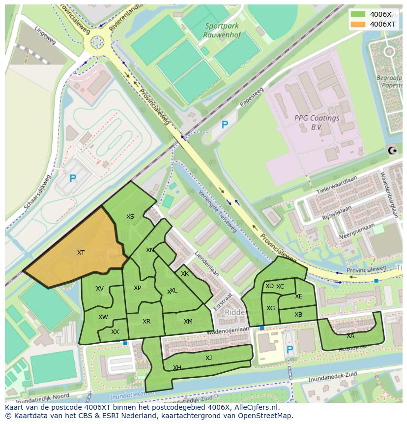 Afbeelding van het postcodegebied 4006 XT op de kaart.