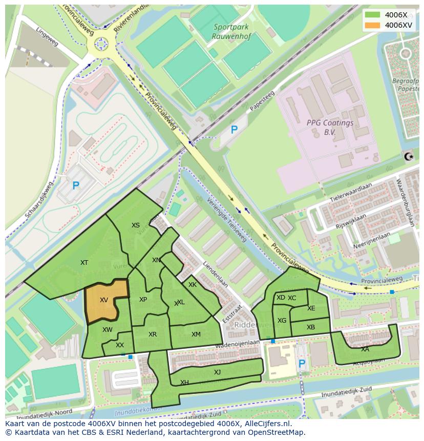 Afbeelding van het postcodegebied 4006 XV op de kaart.
