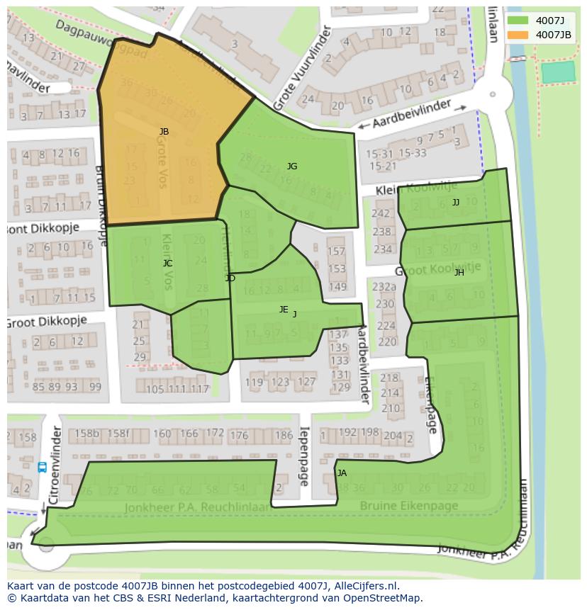 Afbeelding van het postcodegebied 4007 JB op de kaart.