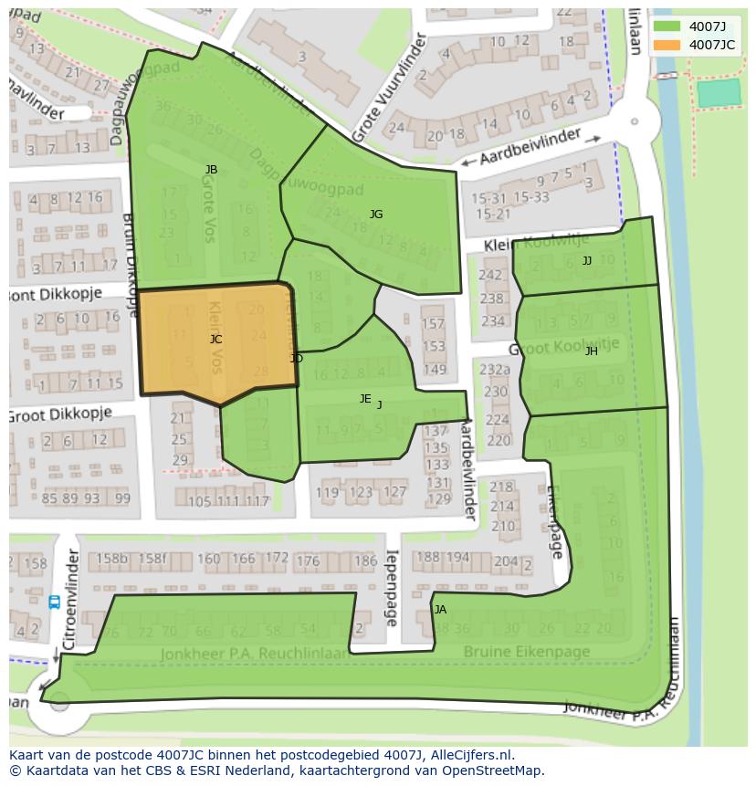 Afbeelding van het postcodegebied 4007 JC op de kaart.