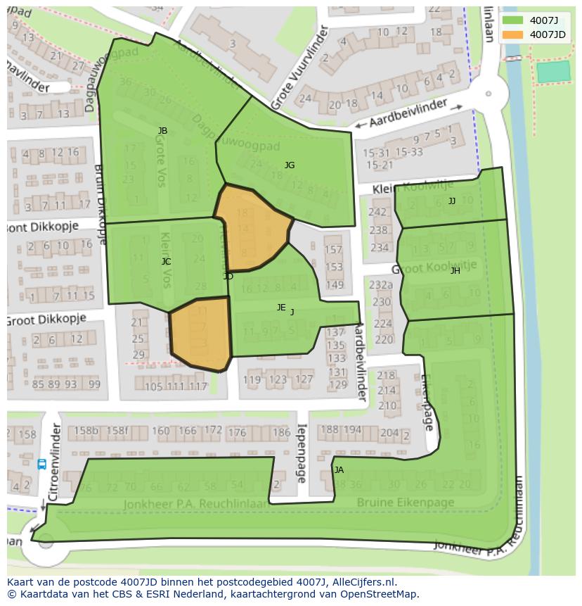 Afbeelding van het postcodegebied 4007 JD op de kaart.
