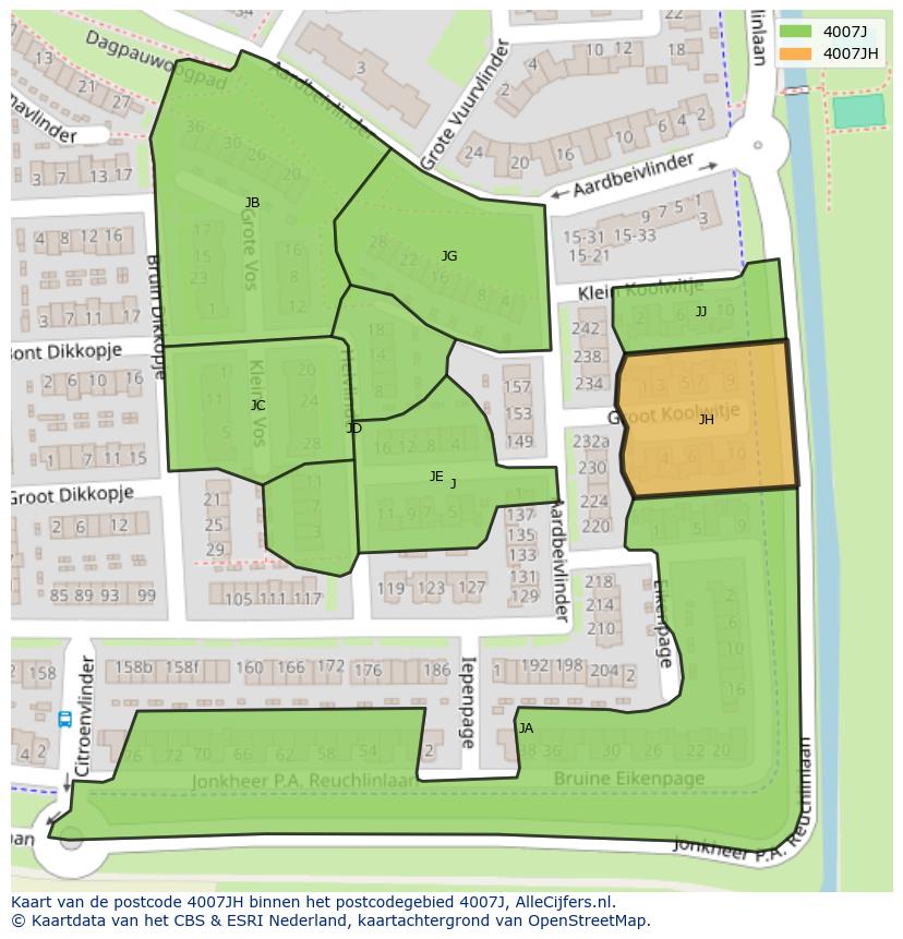 Afbeelding van het postcodegebied 4007 JH op de kaart.