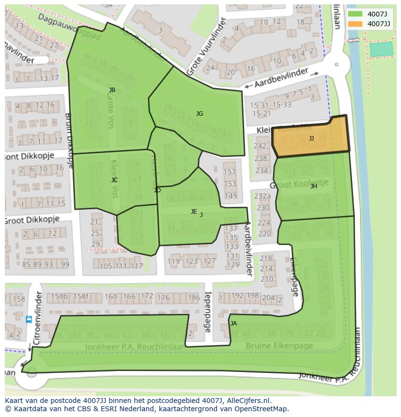 Afbeelding van het postcodegebied 4007 JJ op de kaart.