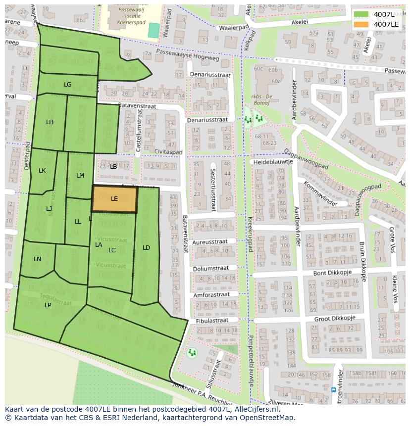 Afbeelding van het postcodegebied 4007 LE op de kaart.