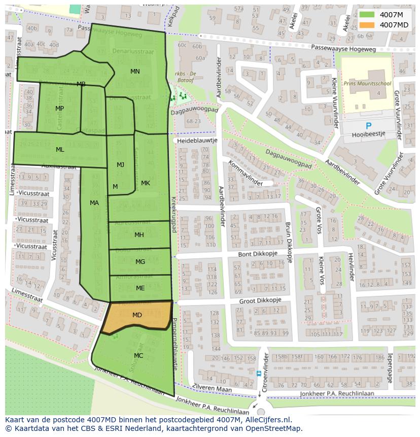 Afbeelding van het postcodegebied 4007 MD op de kaart.