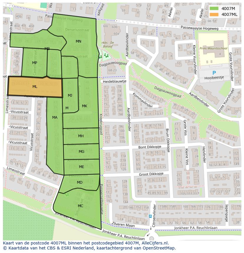 Afbeelding van het postcodegebied 4007 ML op de kaart.