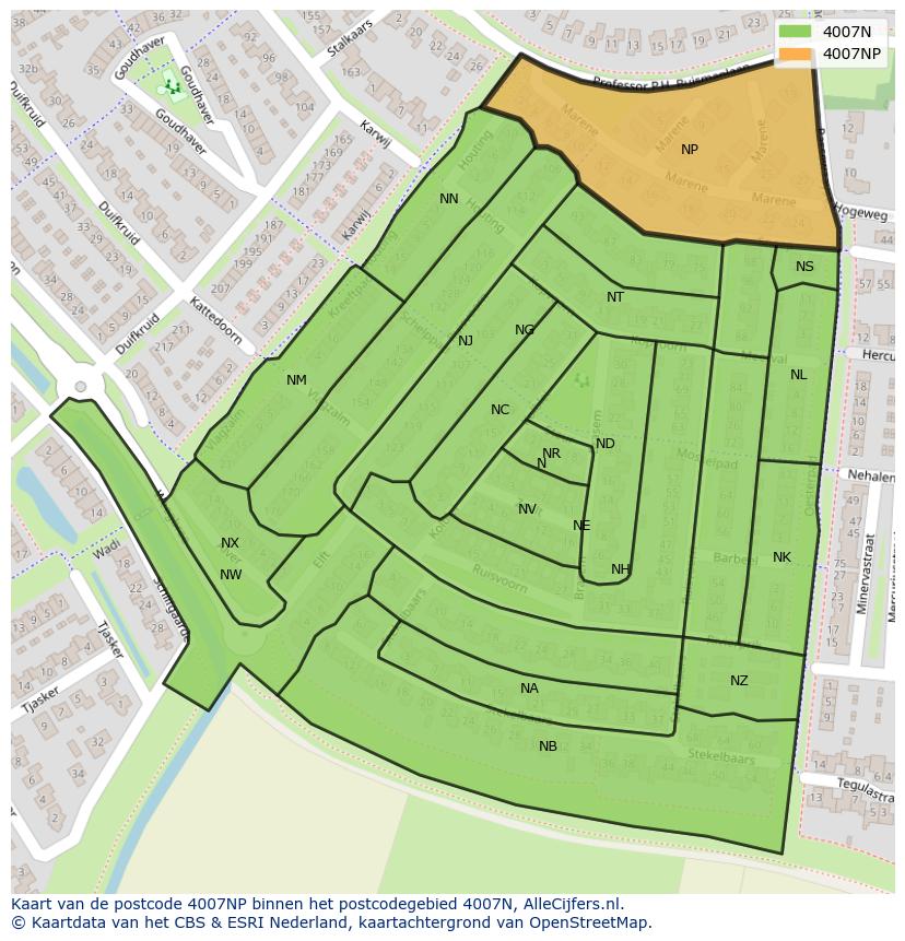Afbeelding van het postcodegebied 4007 NP op de kaart.