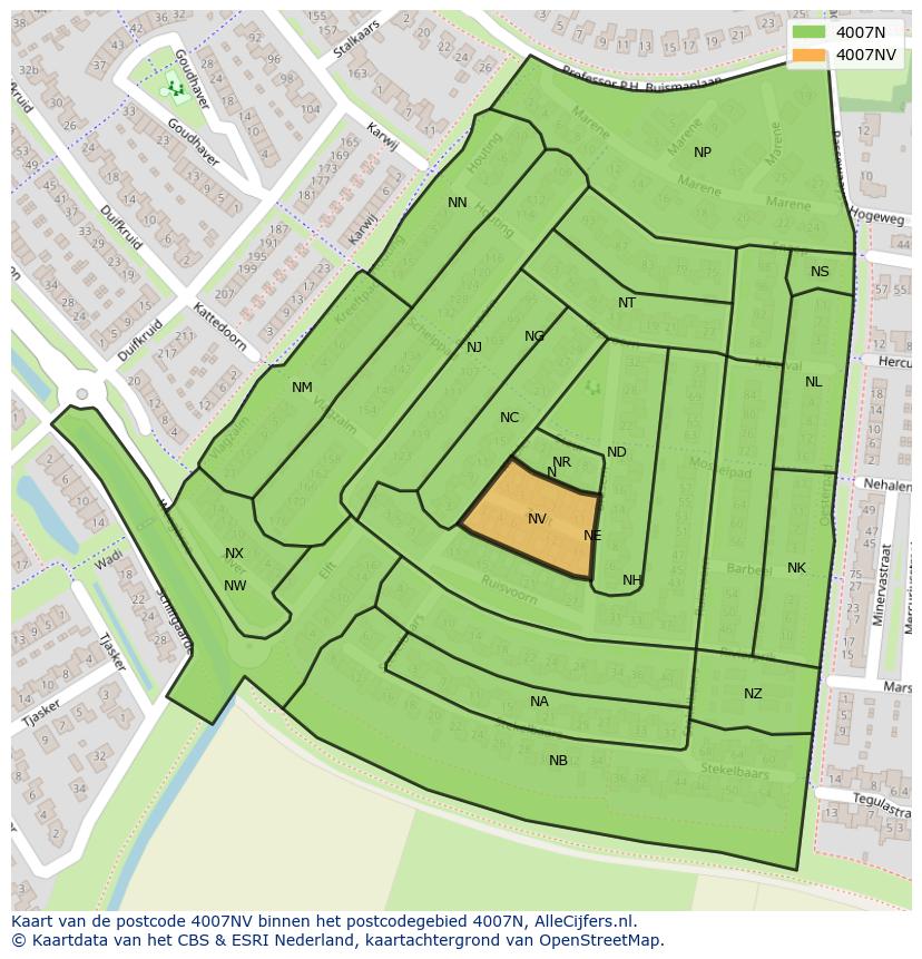 Afbeelding van het postcodegebied 4007 NV op de kaart.