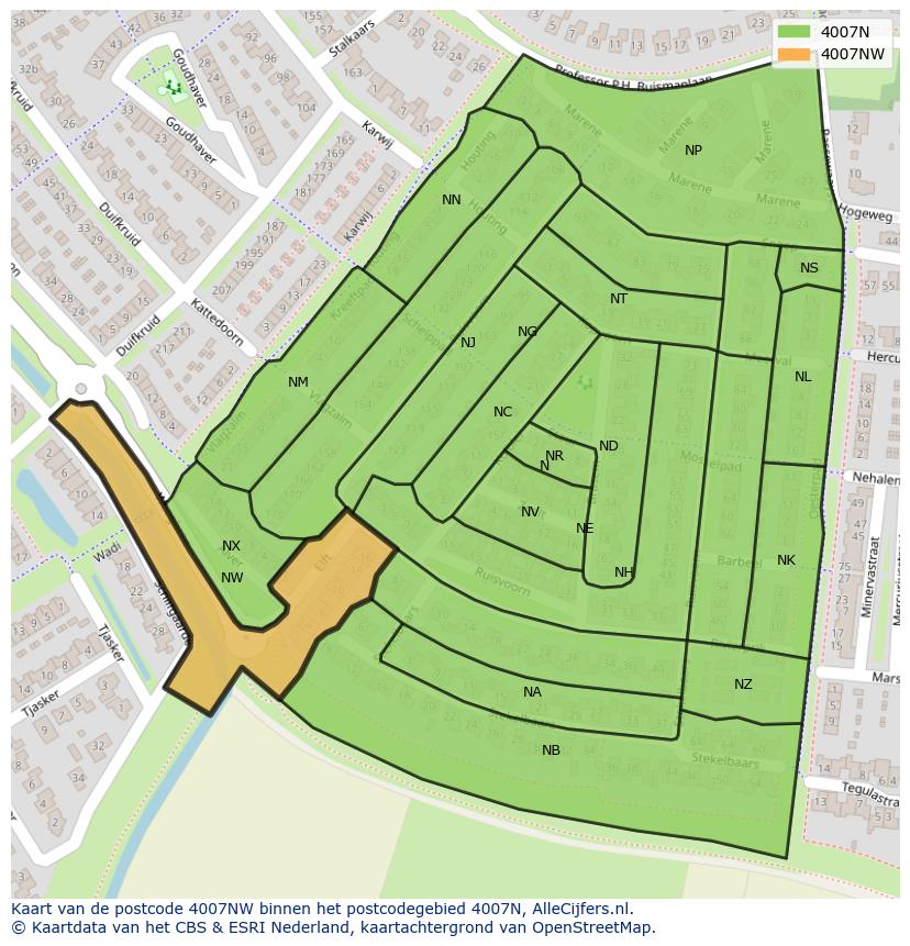 Afbeelding van het postcodegebied 4007 NW op de kaart.