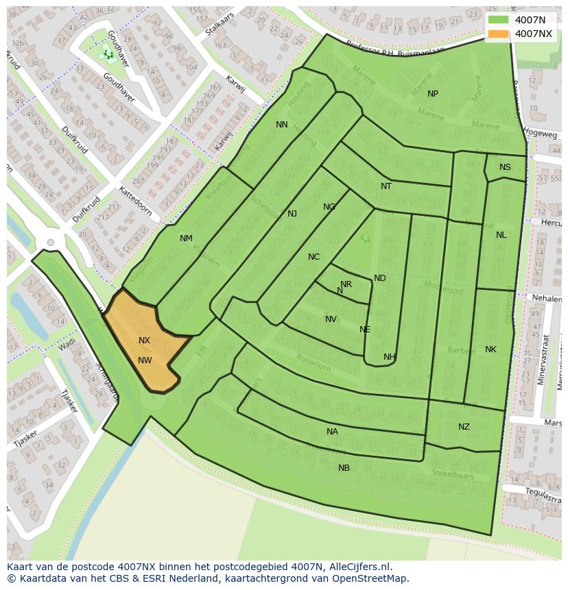 Afbeelding van het postcodegebied 4007 NX op de kaart.