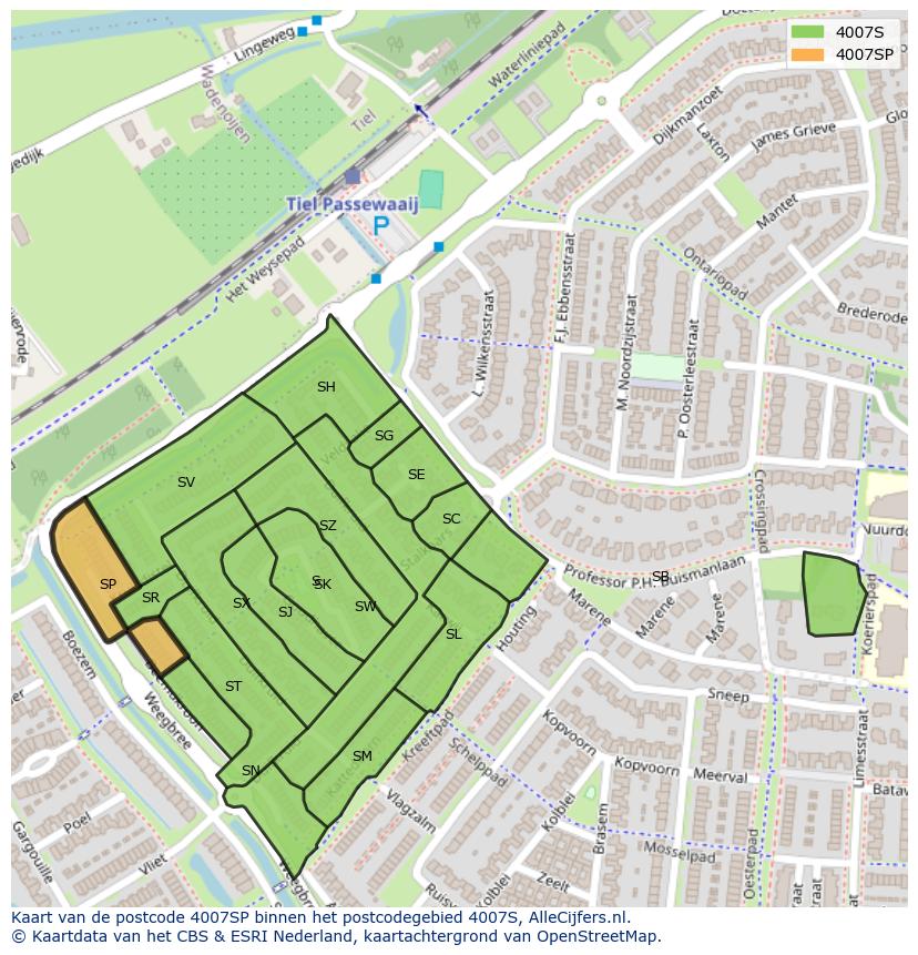 Afbeelding van het postcodegebied 4007 SP op de kaart.