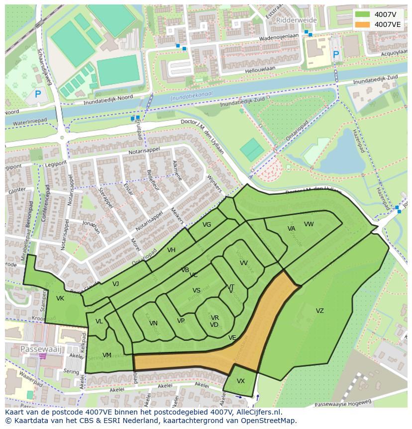Afbeelding van het postcodegebied 4007 VE op de kaart.