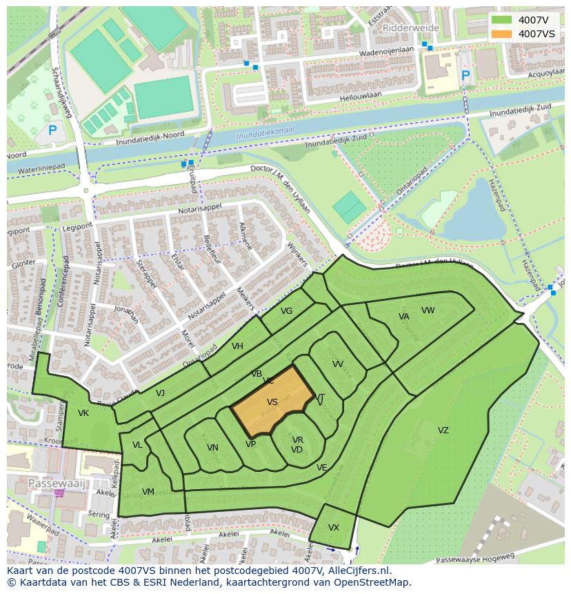 Afbeelding van het postcodegebied 4007 VS op de kaart.