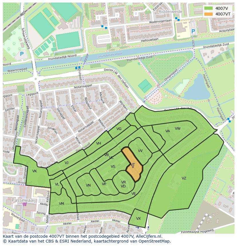 Afbeelding van het postcodegebied 4007 VT op de kaart.