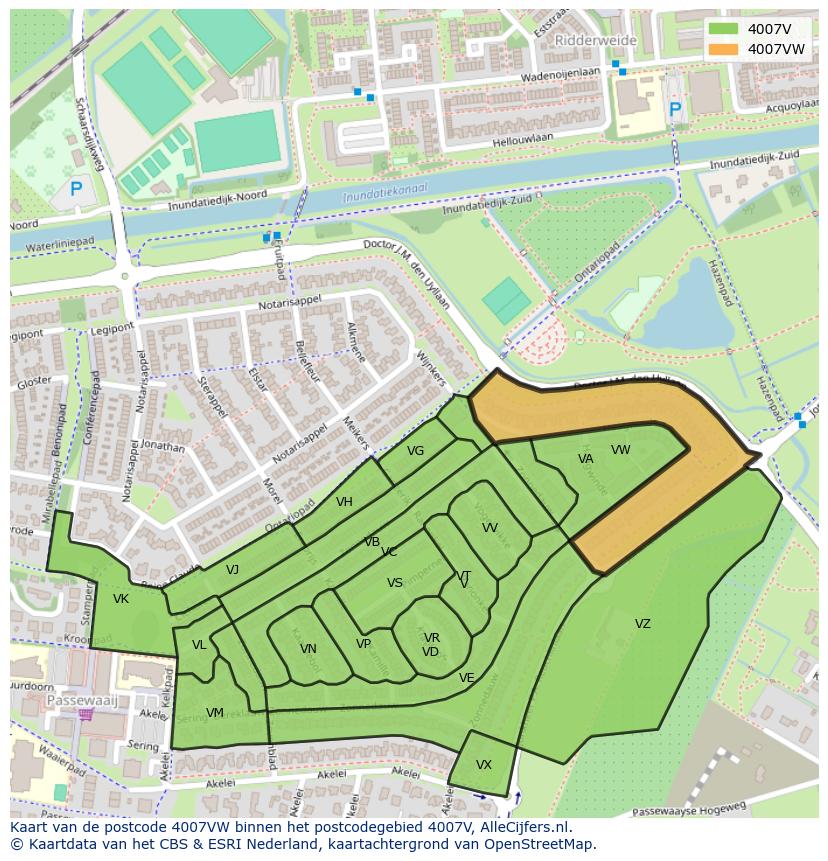 Afbeelding van het postcodegebied 4007 VW op de kaart.