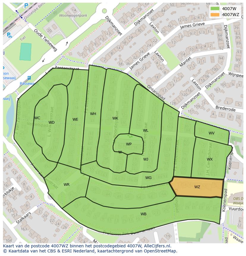 Afbeelding van het postcodegebied 4007 WZ op de kaart.