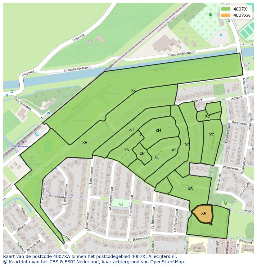Afbeelding van het postcodegebied 4007 XA op de kaart.