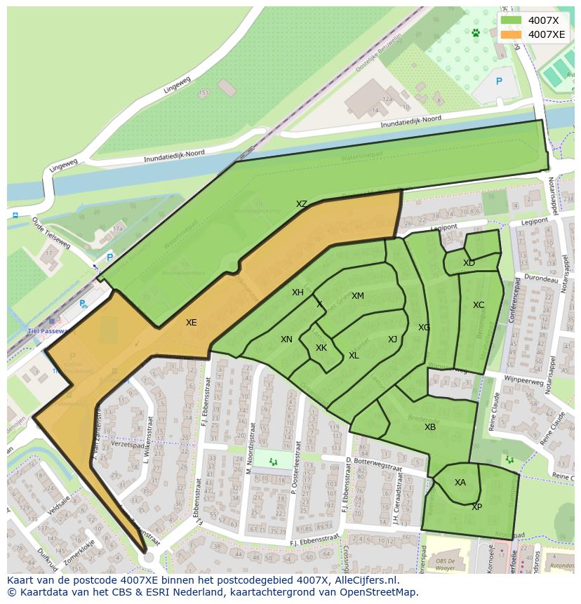Afbeelding van het postcodegebied 4007 XE op de kaart.