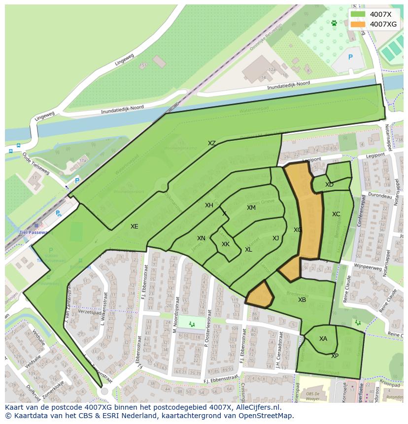 Afbeelding van het postcodegebied 4007 XG op de kaart.