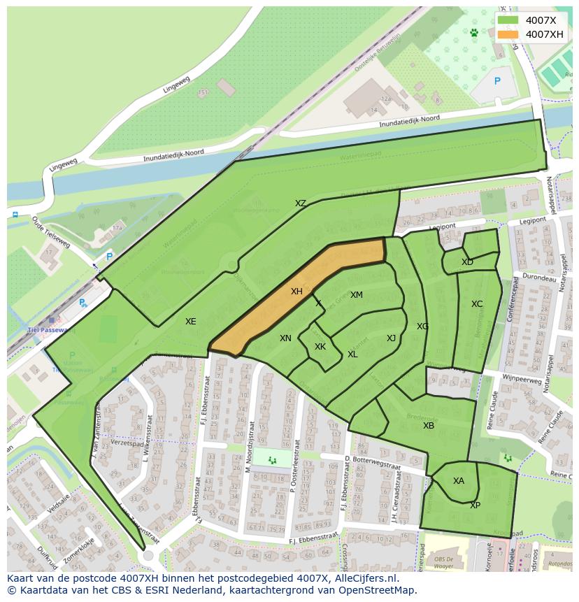 Afbeelding van het postcodegebied 4007 XH op de kaart.