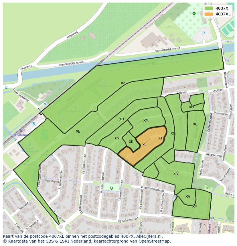 Afbeelding van het postcodegebied 4007 XL op de kaart.