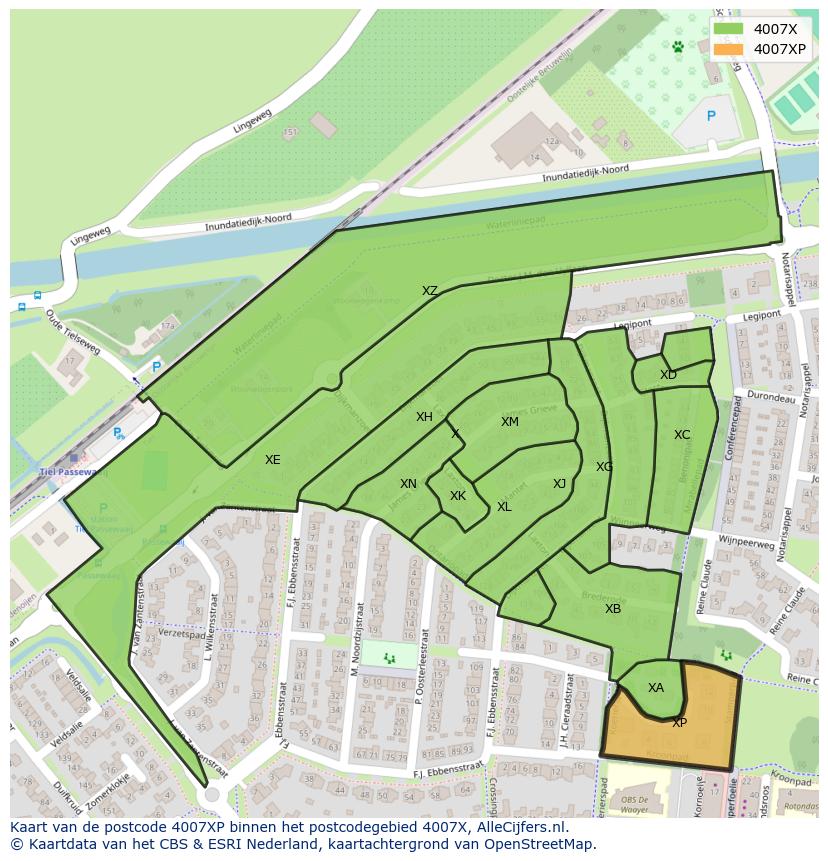 Afbeelding van het postcodegebied 4007 XP op de kaart.