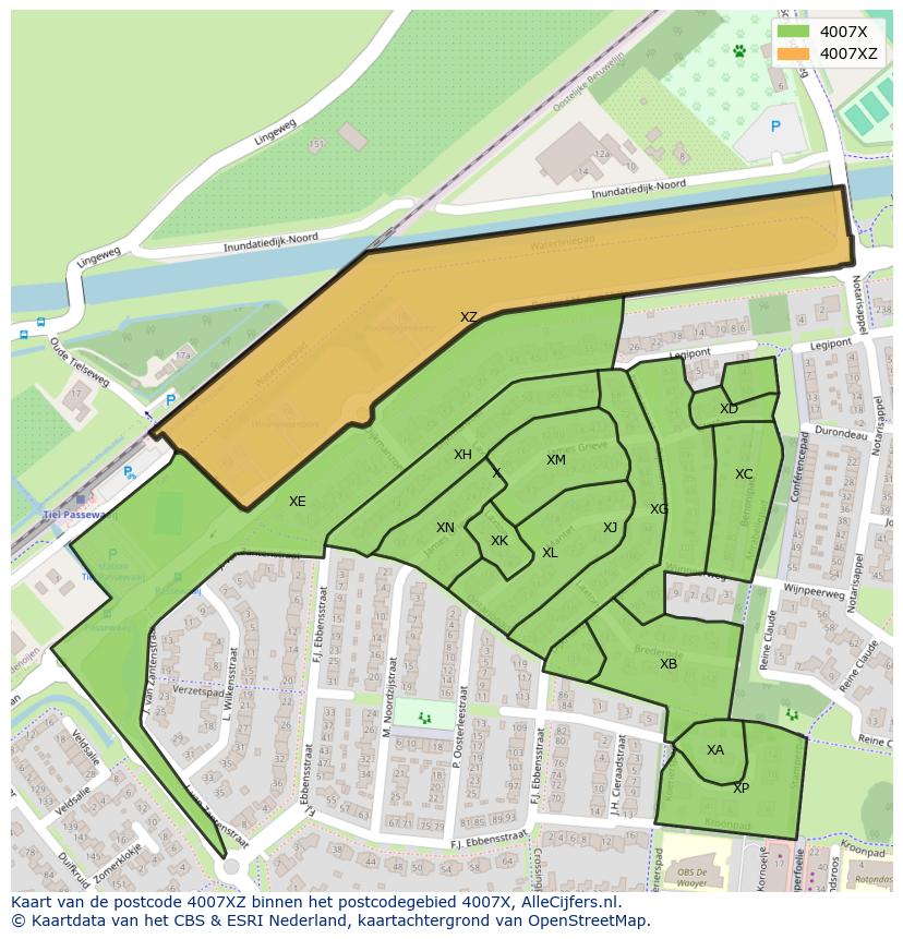 Afbeelding van het postcodegebied 4007 XZ op de kaart.