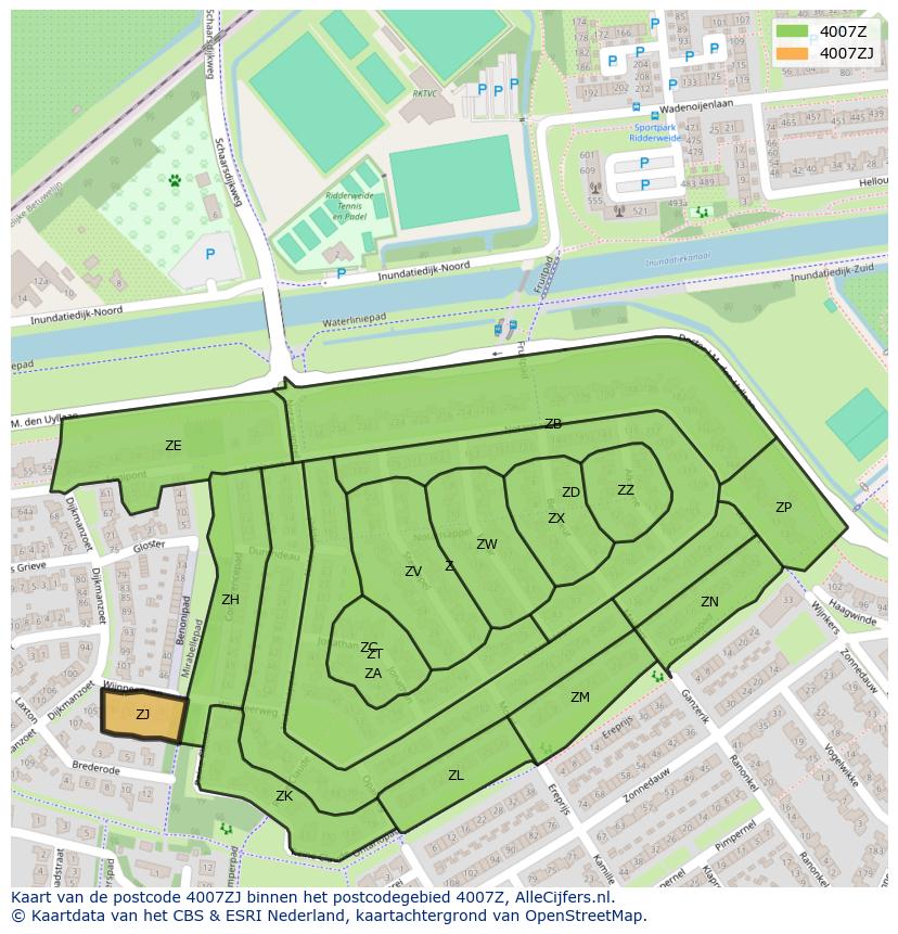 Afbeelding van het postcodegebied 4007 ZJ op de kaart.