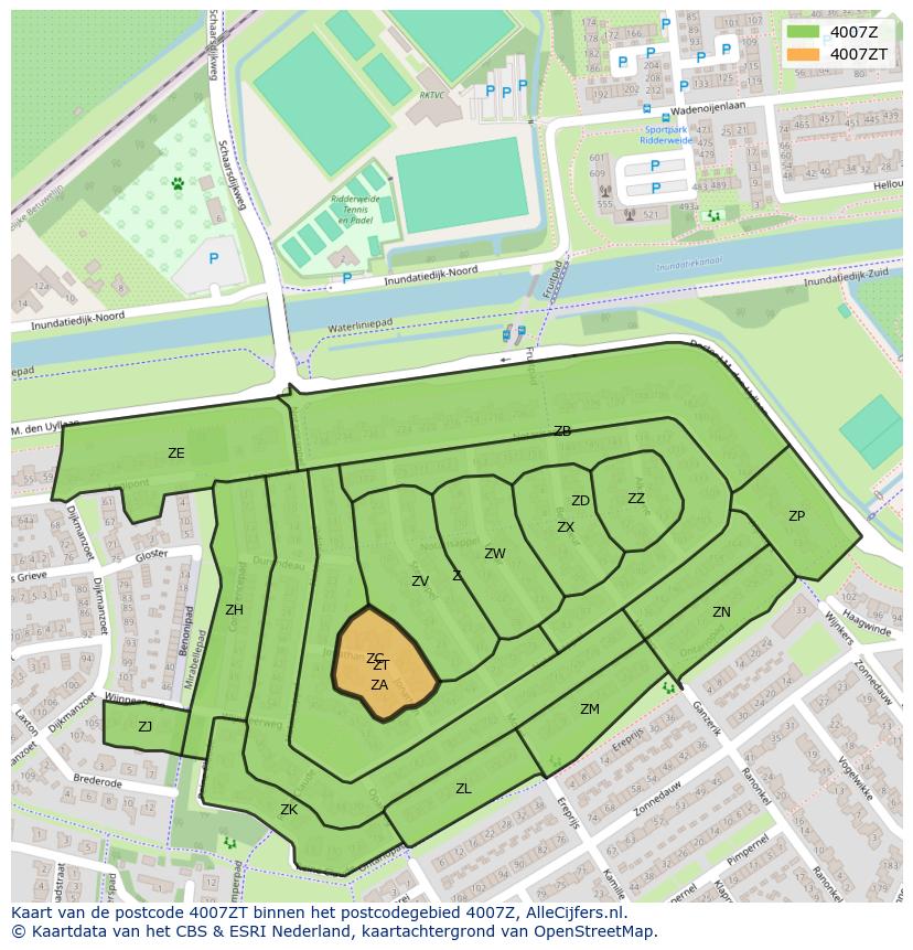 Afbeelding van het postcodegebied 4007 ZT op de kaart.