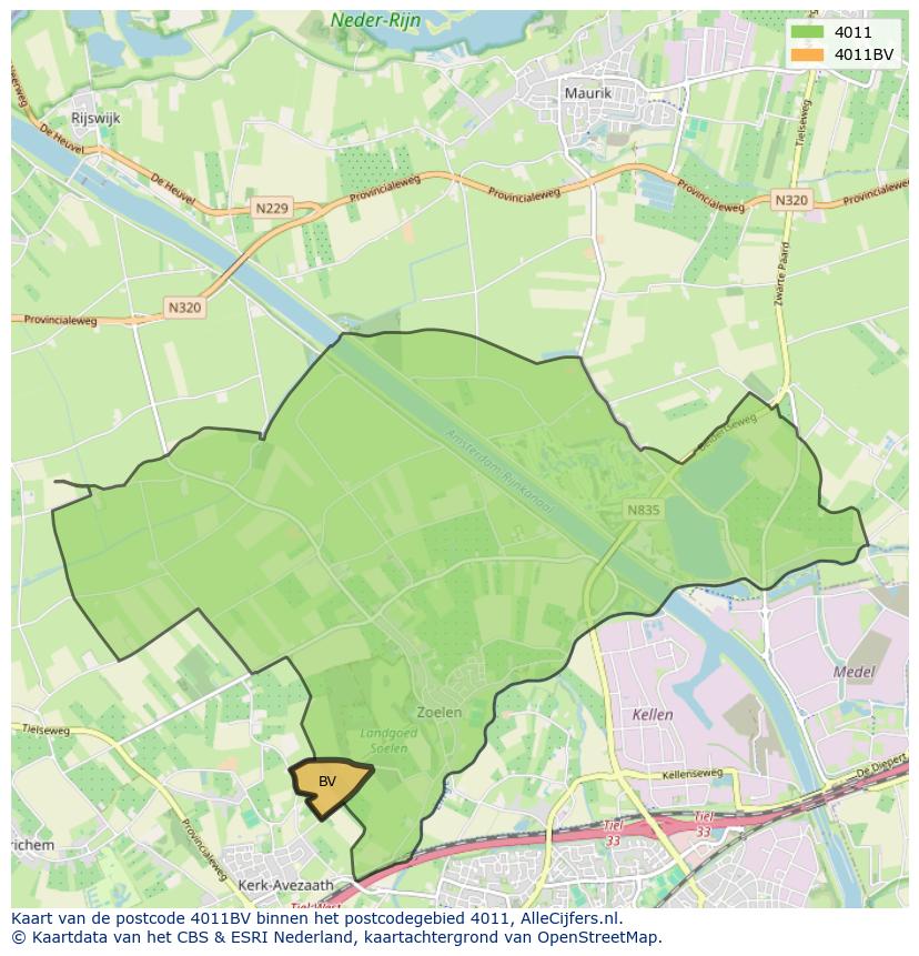 Afbeelding van het postcodegebied 4011 BV op de kaart.
