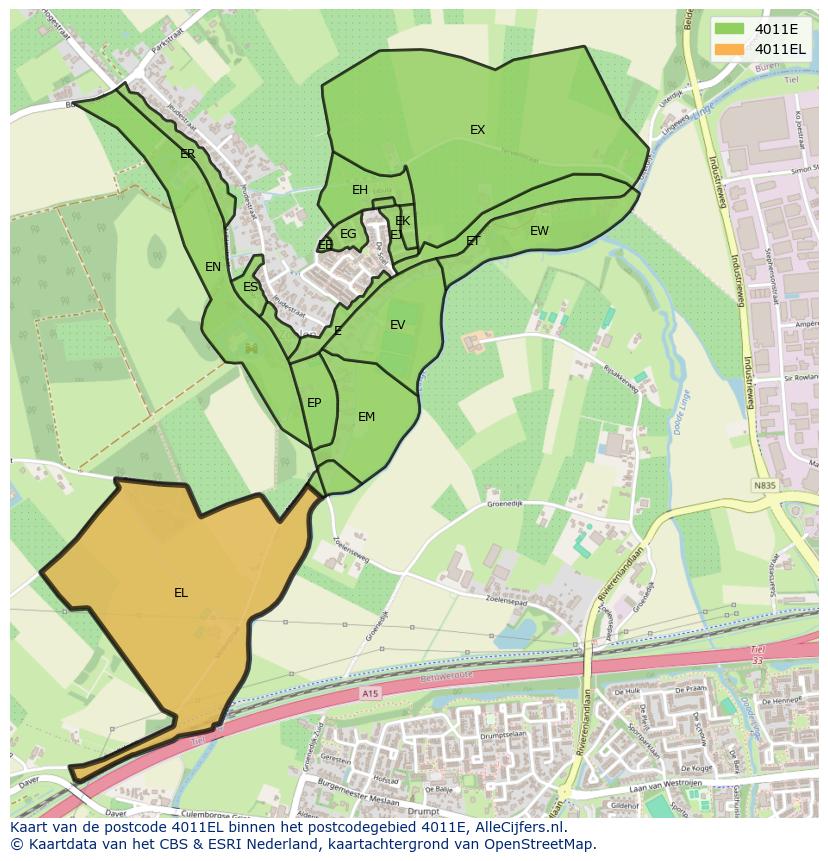 Afbeelding van het postcodegebied 4011 EL op de kaart.