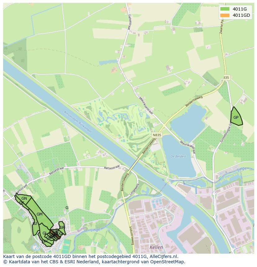 Afbeelding van het postcodegebied 4011 GD op de kaart.