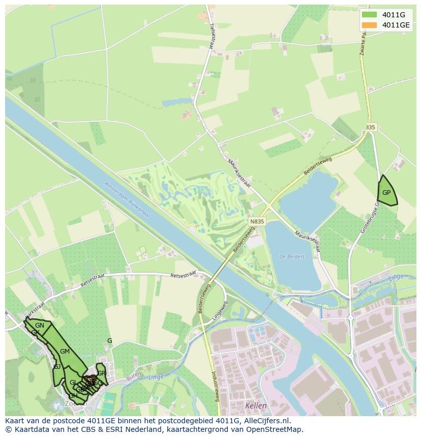 Afbeelding van het postcodegebied 4011 GE op de kaart.