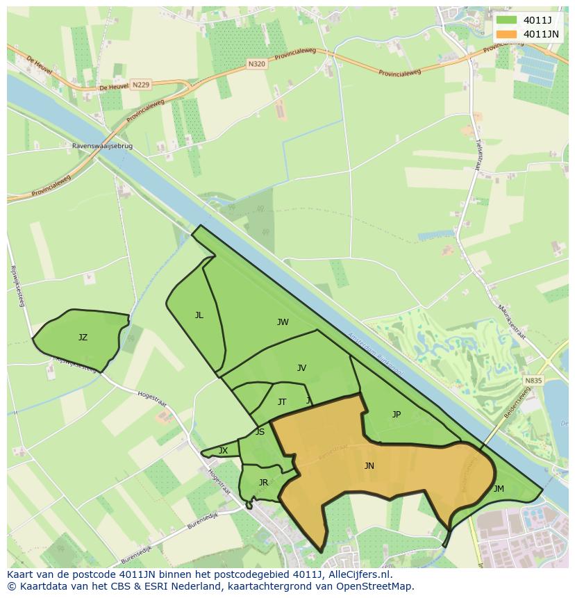 Afbeelding van het postcodegebied 4011 JN op de kaart.