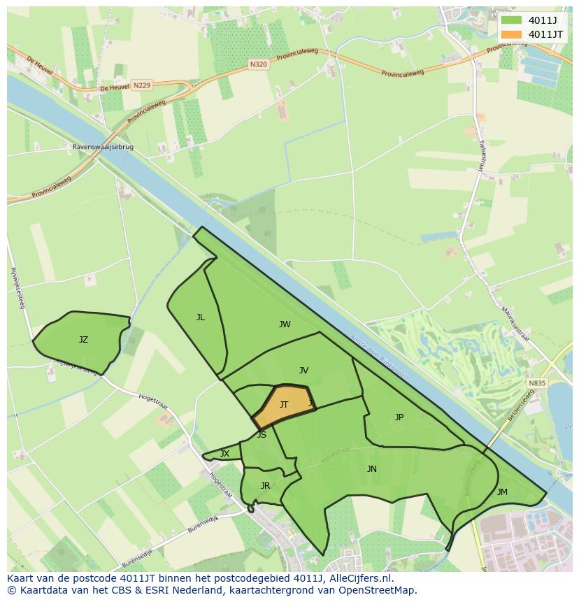 Afbeelding van het postcodegebied 4011 JT op de kaart.