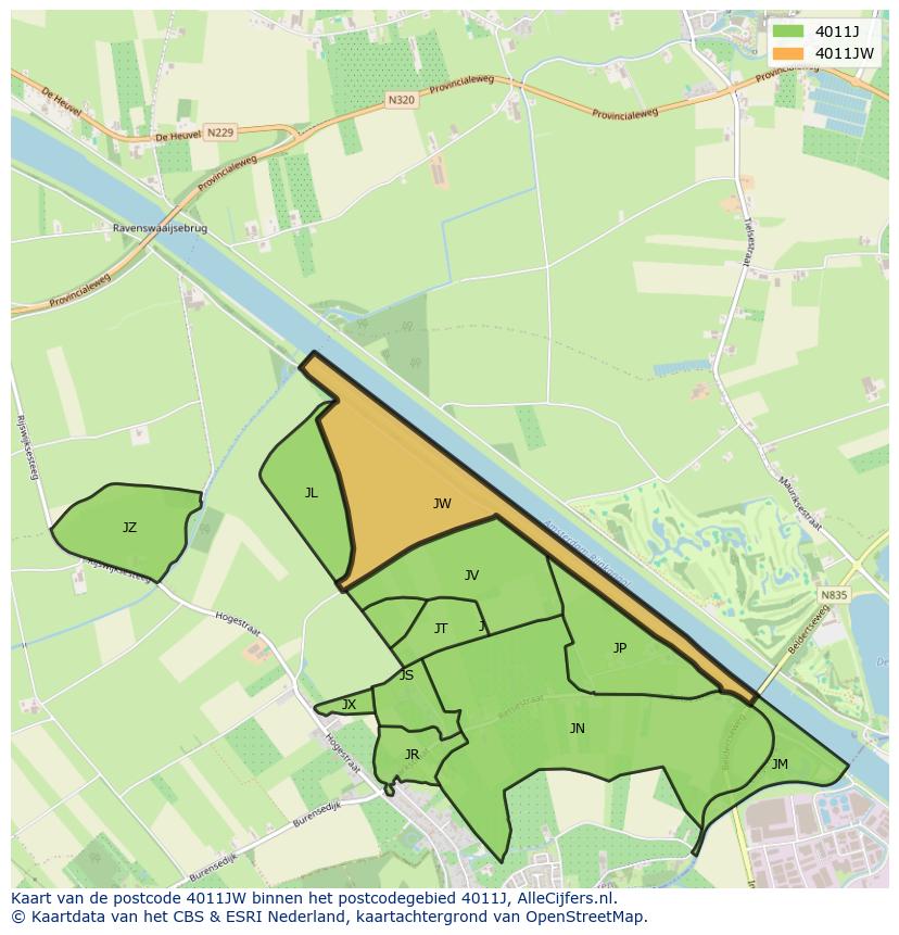 Afbeelding van het postcodegebied 4011 JW op de kaart.