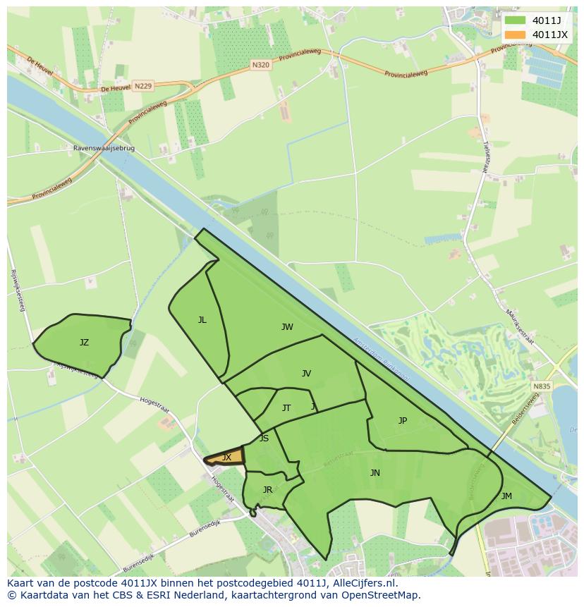 Afbeelding van het postcodegebied 4011 JX op de kaart.