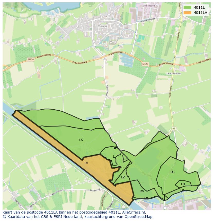 Afbeelding van het postcodegebied 4011 LA op de kaart.