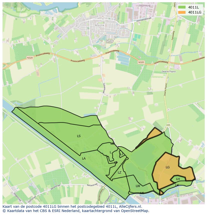 Afbeelding van het postcodegebied 4011 LG op de kaart.