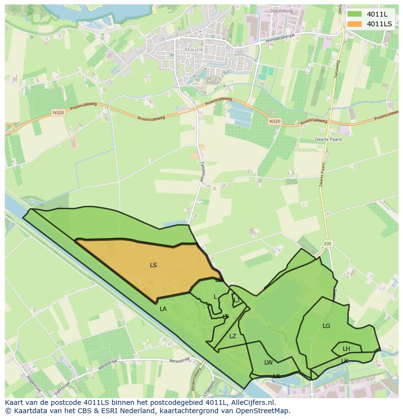 Afbeelding van het postcodegebied 4011 LS op de kaart.