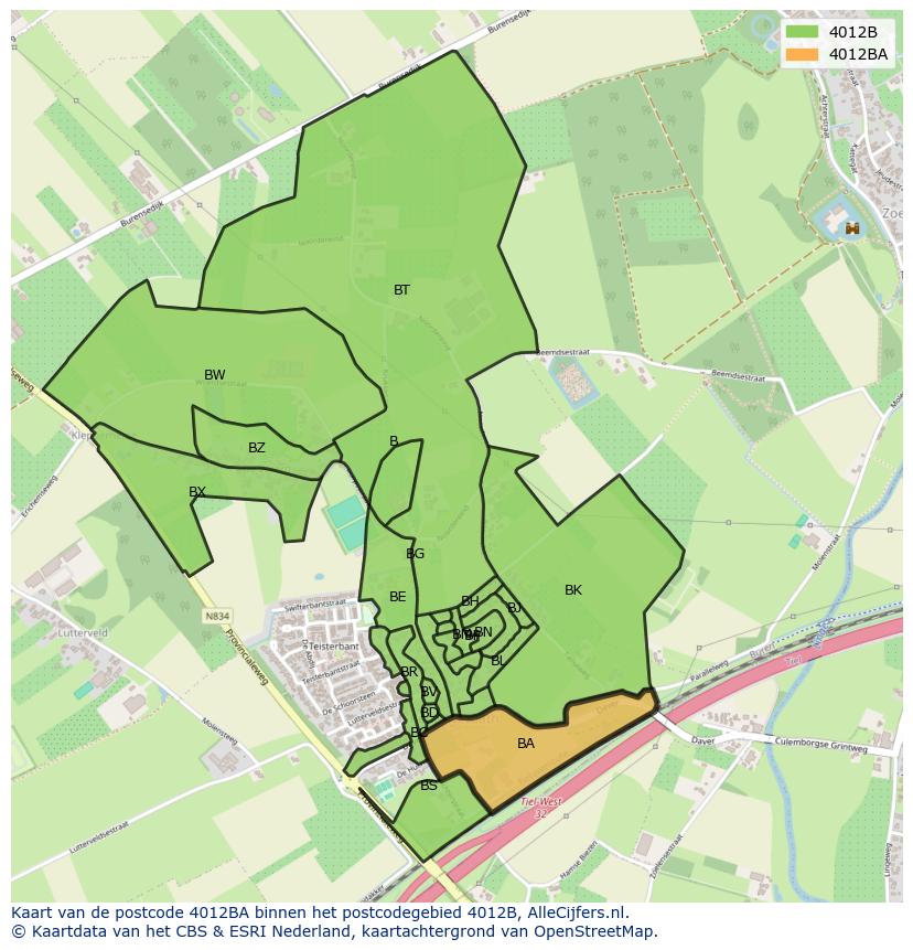 Afbeelding van het postcodegebied 4012 BA op de kaart.