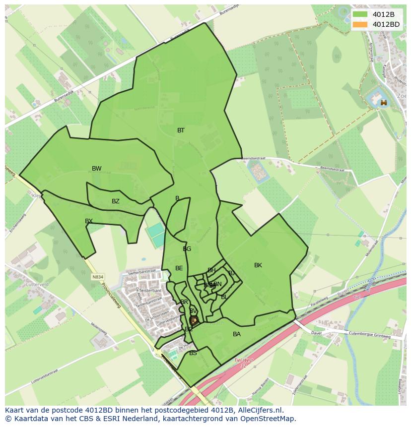 Afbeelding van het postcodegebied 4012 BD op de kaart.