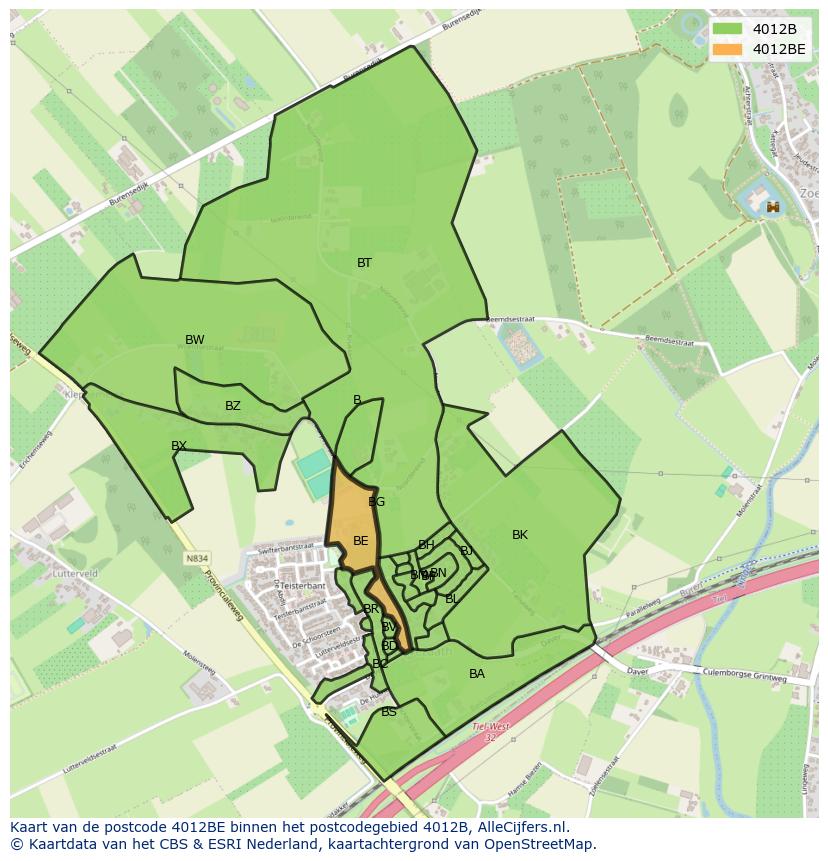 Afbeelding van het postcodegebied 4012 BE op de kaart.
