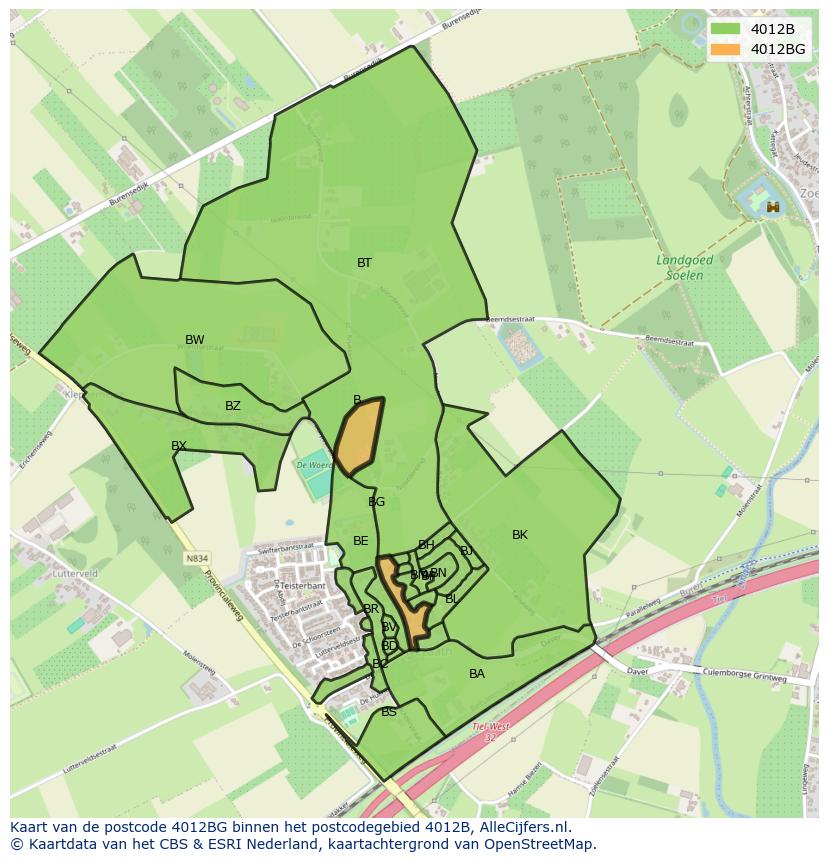 Afbeelding van het postcodegebied 4012 BG op de kaart.