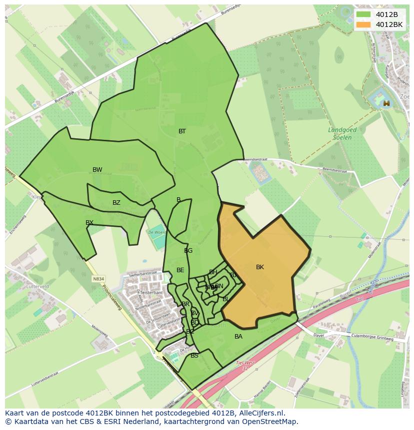 Afbeelding van het postcodegebied 4012 BK op de kaart.