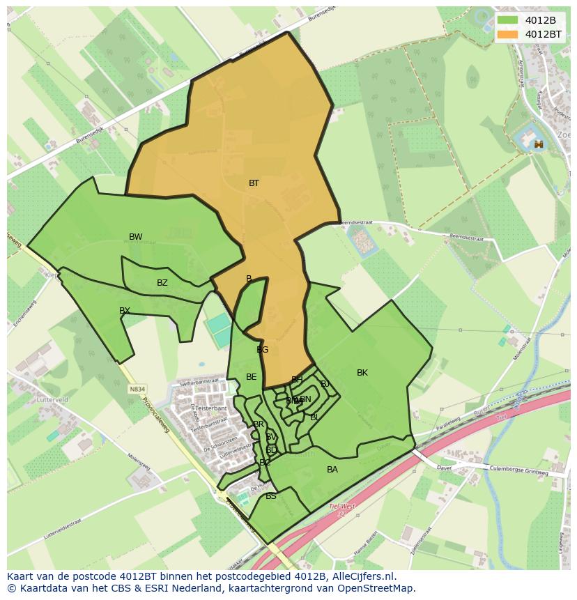 Afbeelding van het postcodegebied 4012 BT op de kaart.