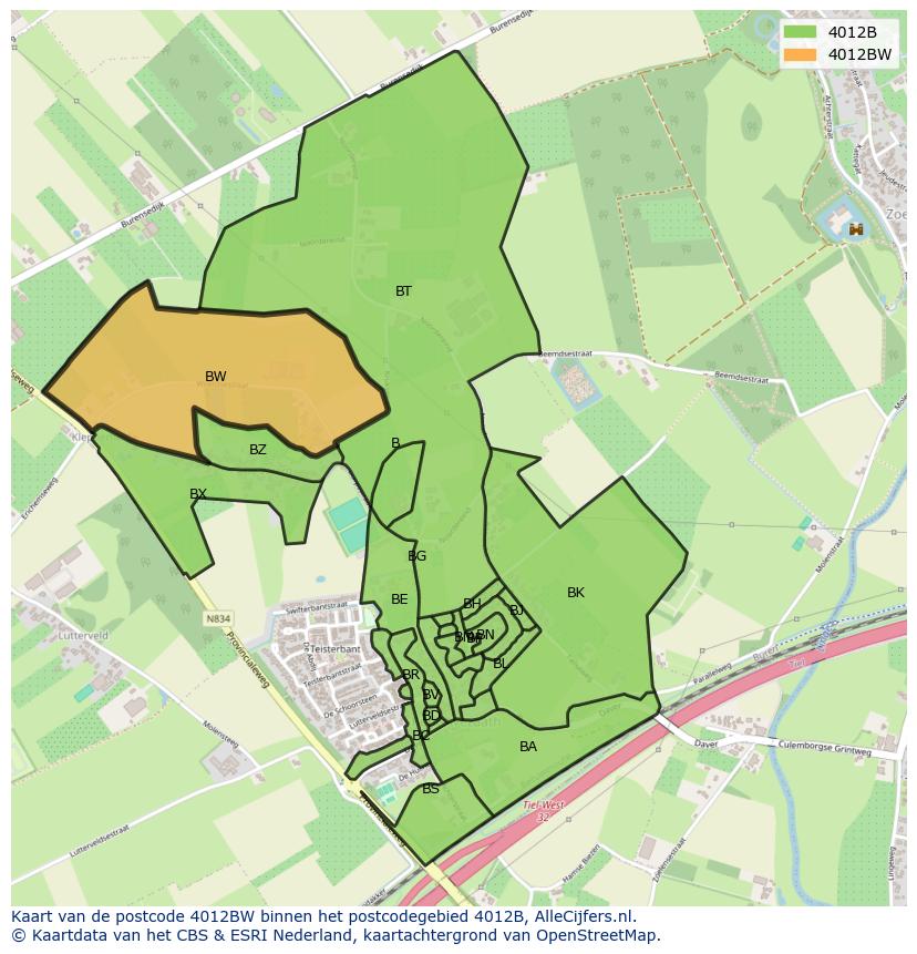 Afbeelding van het postcodegebied 4012 BW op de kaart.