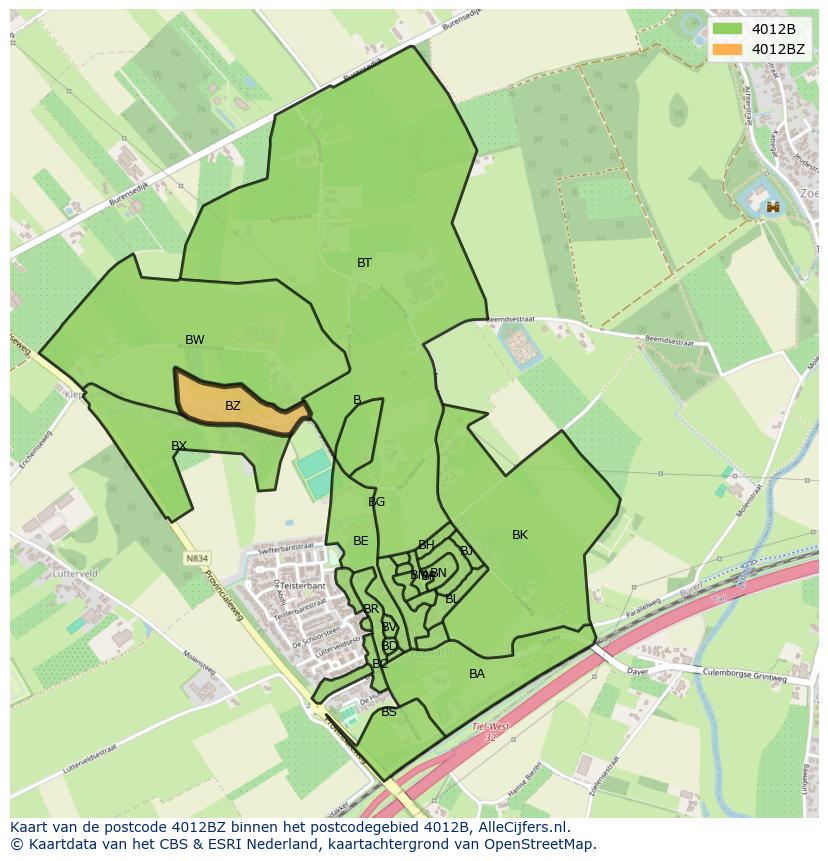 Afbeelding van het postcodegebied 4012 BZ op de kaart.