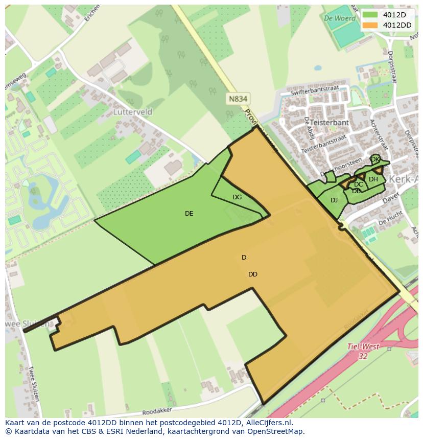 Afbeelding van het postcodegebied 4012 DD op de kaart.