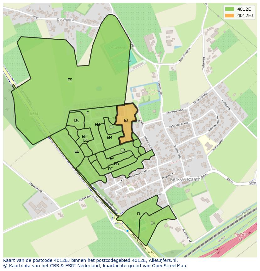 Afbeelding van het postcodegebied 4012 EJ op de kaart.